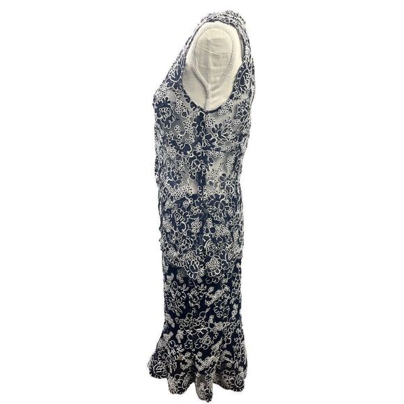 ML Monique Lhuillier Navy Floral Lace Sheath Midi Skirt Sheer V Neck Top Size 10 - Picture 3 of 13